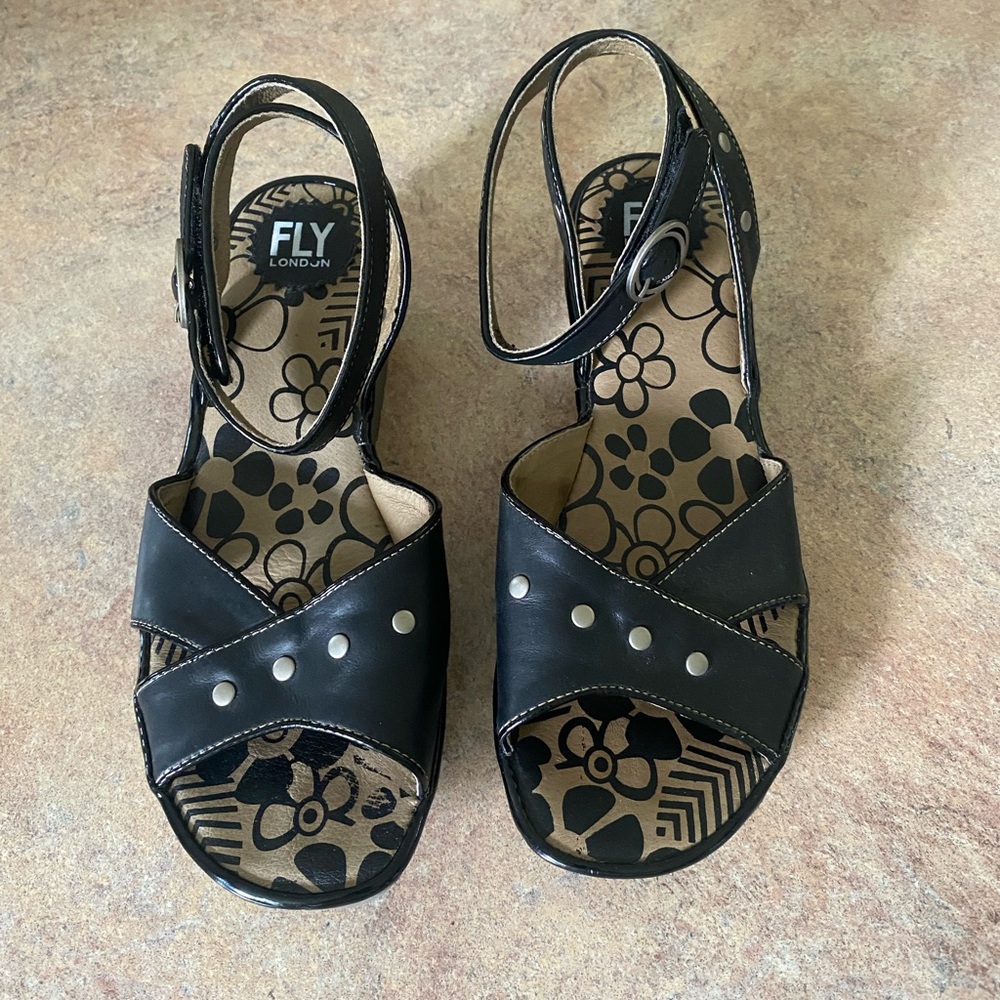 Fly London Black Sandals with Elegant Design leather with studs size 40